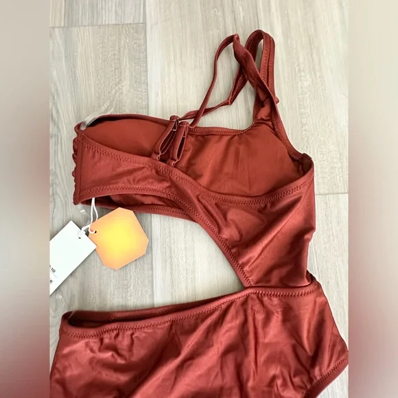 Fe Noel Asymmetrical Bronze Swimsuit, Sz M, New w Tags - Picture 3 of 5